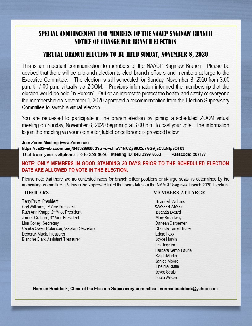 NAACP BRANCH ELECTION NOTICE OF CHANGE